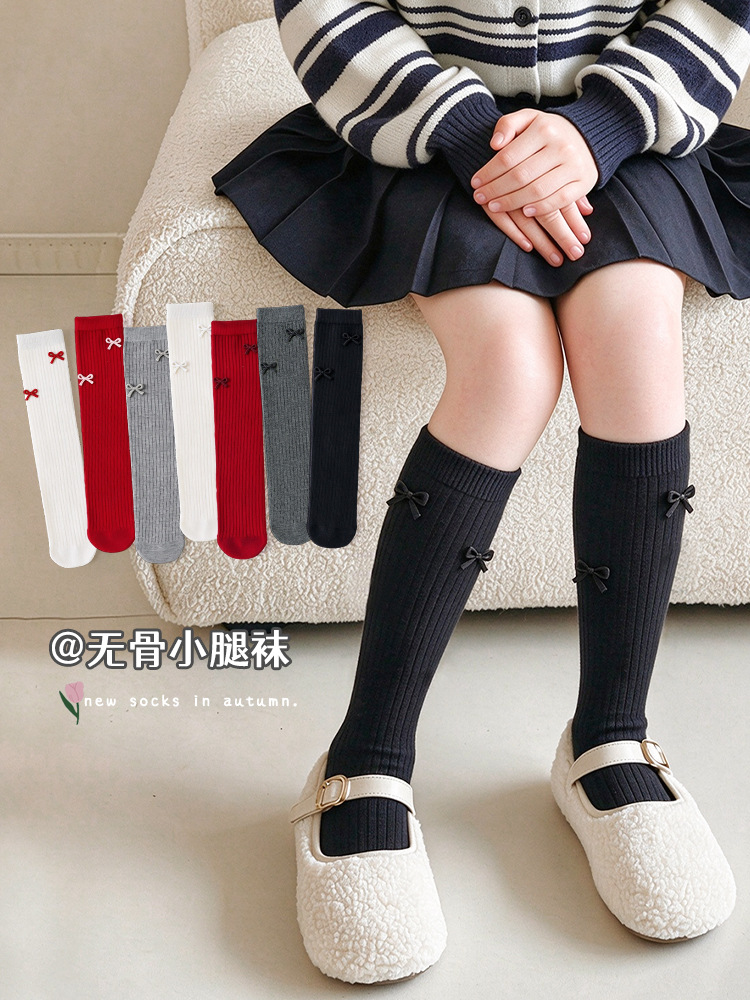 1026055 韓系女童堆堆襪蝴蝶結秋冬無骨精梳棉純色中筒襪 第 2 張