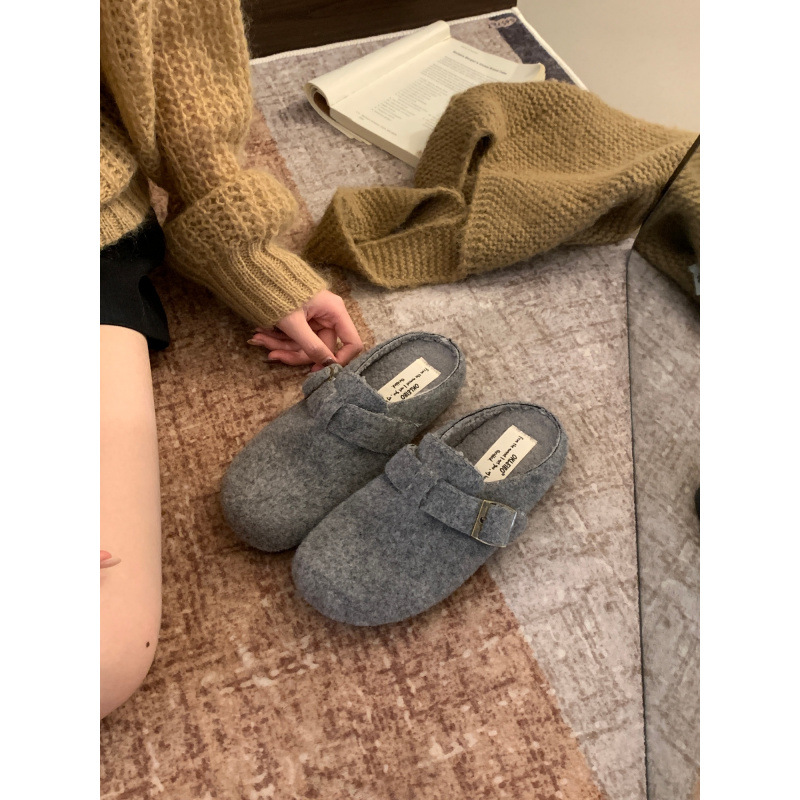 1026063 韓版復古厚底毛呢鞋女加絨保暖懶人包頭半拖鞋 第 8 張