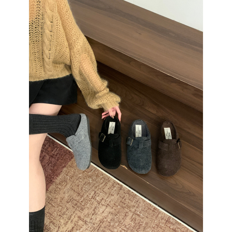 1026063 韓版復古厚底毛呢鞋女加絨保暖懶人包頭半拖鞋 第 3 張