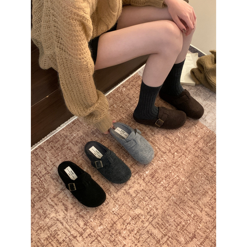 1026063 韓版復古厚底毛呢鞋女加絨保暖懶人包頭半拖鞋 第 4 張