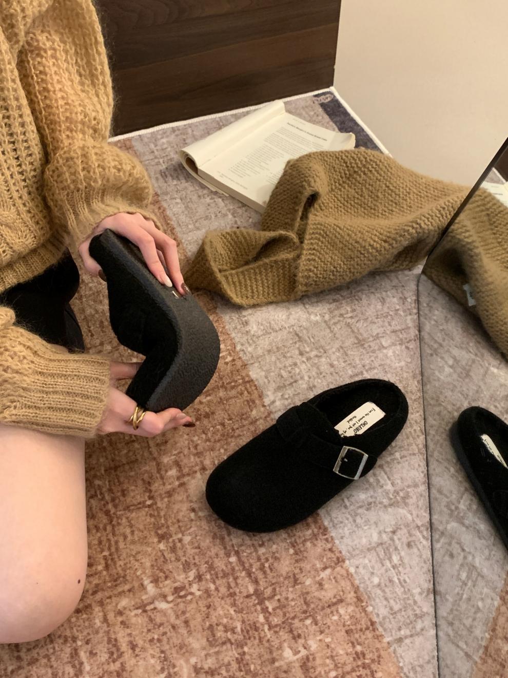 1026063 韓版復古厚底毛呢鞋女加絨保暖懶人包頭半拖鞋 第 23 張