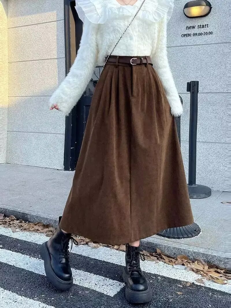 1026070 秋冬女士復古遮胯高腰顯瘦燈芯絨寬鬆長裙 第 6 張
