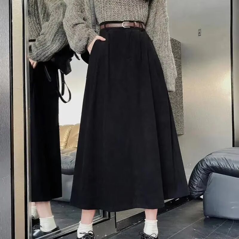1026070 秋冬女士復古遮胯高腰顯瘦燈芯絨寬鬆長裙 第 7 張