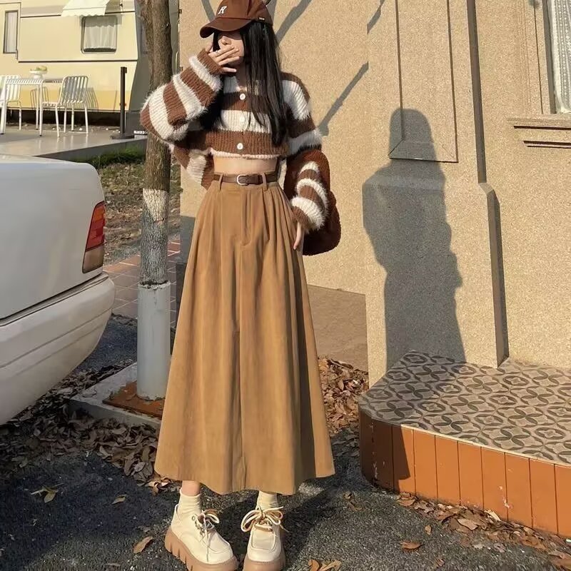 1026070 秋冬女士復古遮胯高腰顯瘦燈芯絨寬鬆長裙 第 8 張