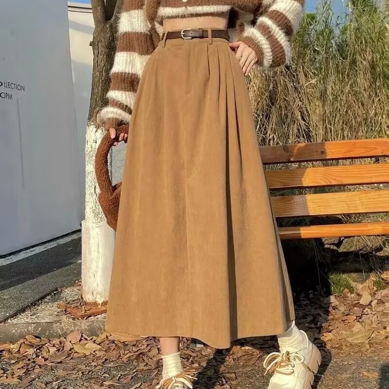 1026070 秋冬女士復古遮胯高腰顯瘦燈芯絨寬鬆長裙 第 2 張