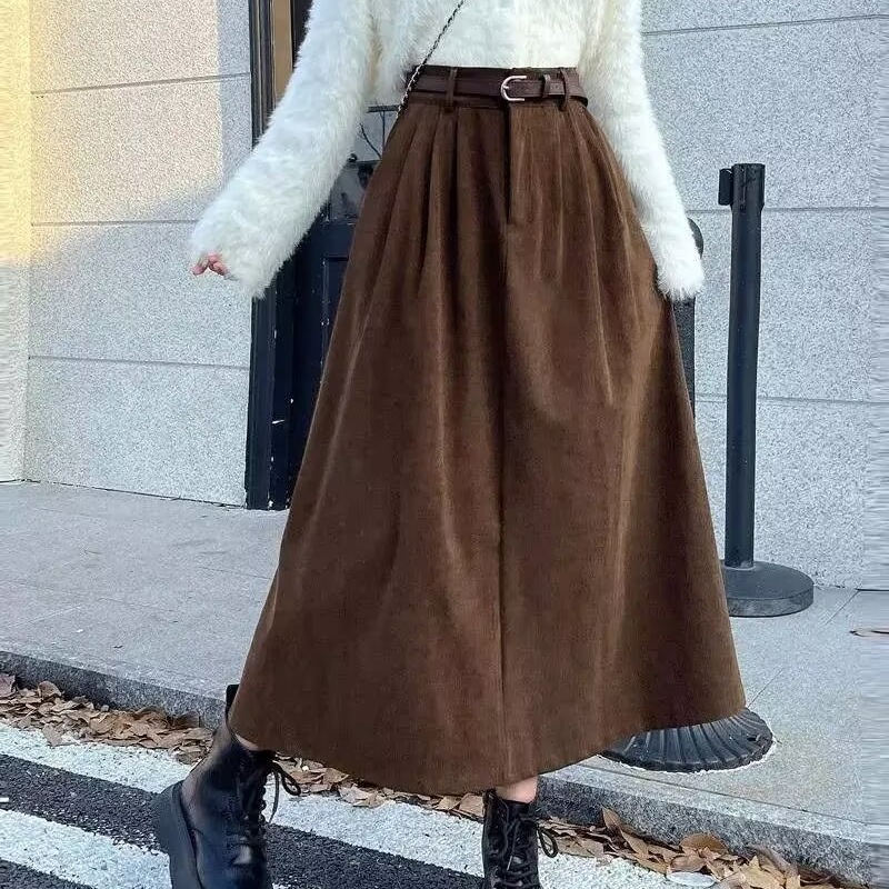 1026070 秋冬女士復古遮胯高腰顯瘦燈芯絨寬鬆長裙 第 3 張