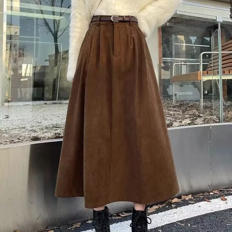 1026070 秋冬女士復古遮胯高腰顯瘦燈芯絨寬鬆長裙 第 4 張