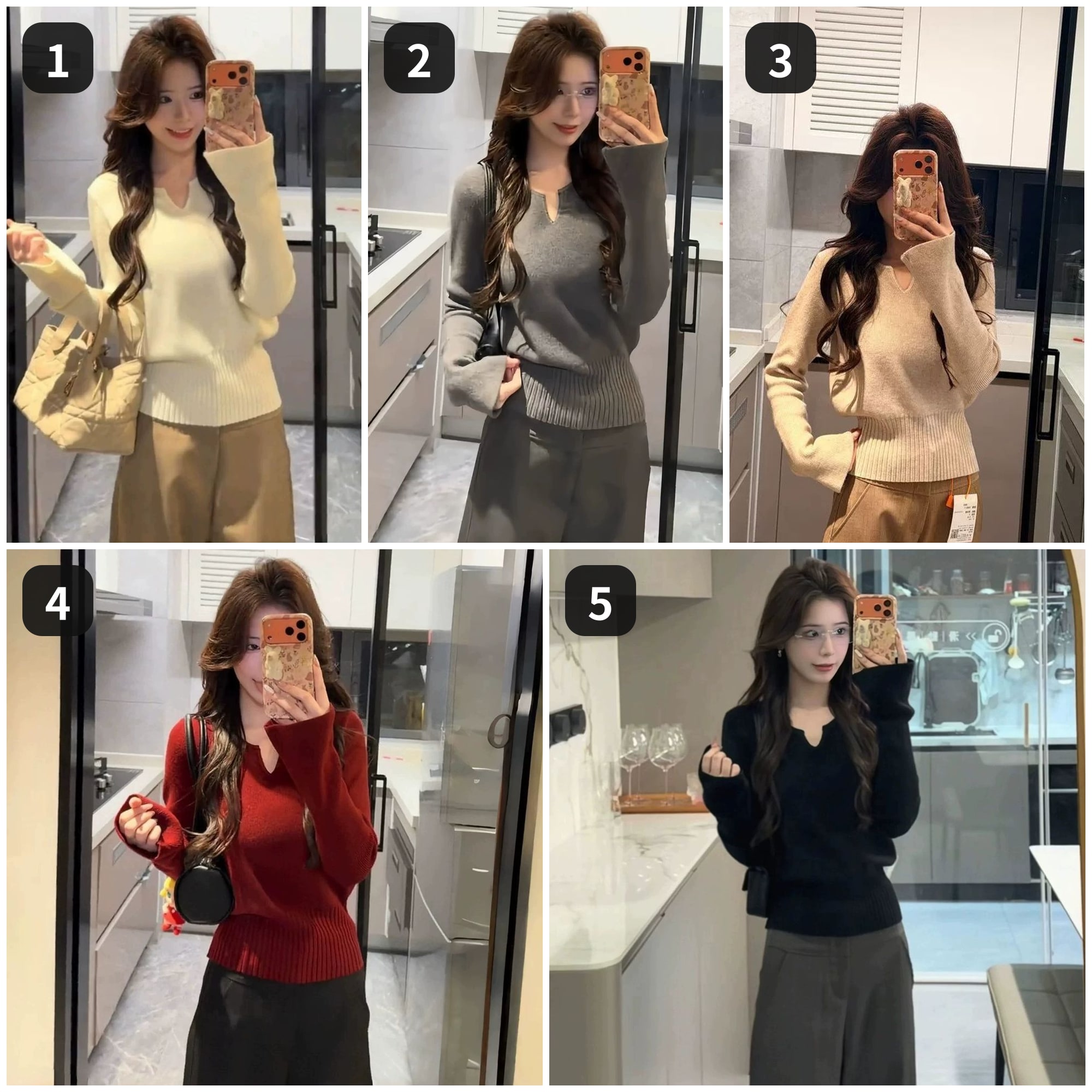 1019037 韓系女士溫柔風氣質V領純色修身針織衫 第 1 張